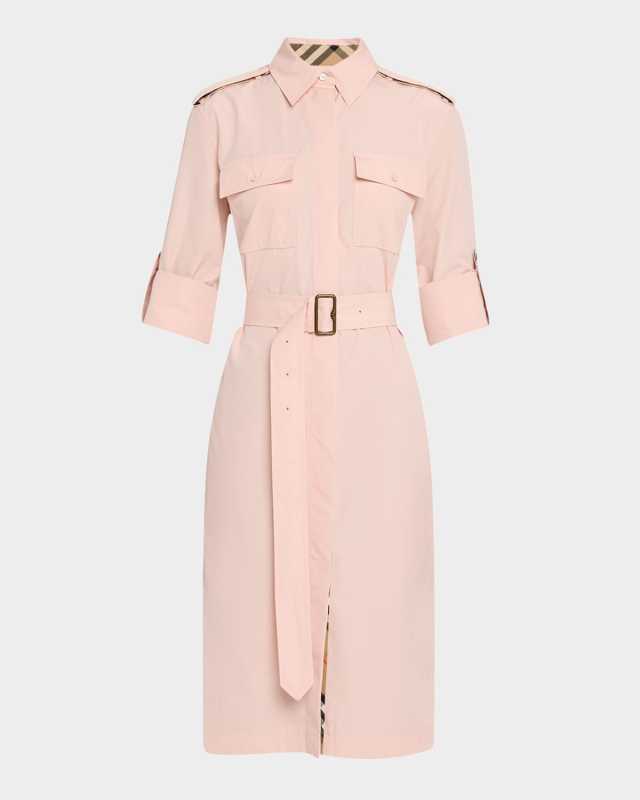 Check-Trim Short-Sleeve Belted Shirtdress